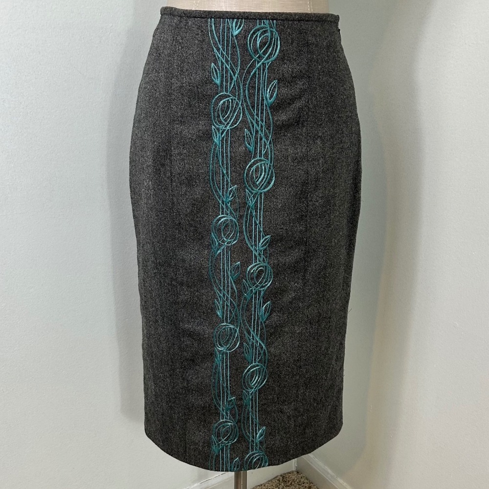 Maria Pinto Pencil Skirt Graphite Gray Teal‎ Embroidered Career Wear Size 2